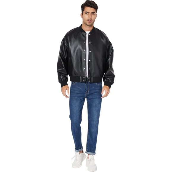 Men Black Faux Leather Biker Jacket Slim Fit Motorcycle Bomber Zip Up Coat - Picture 2 of 6